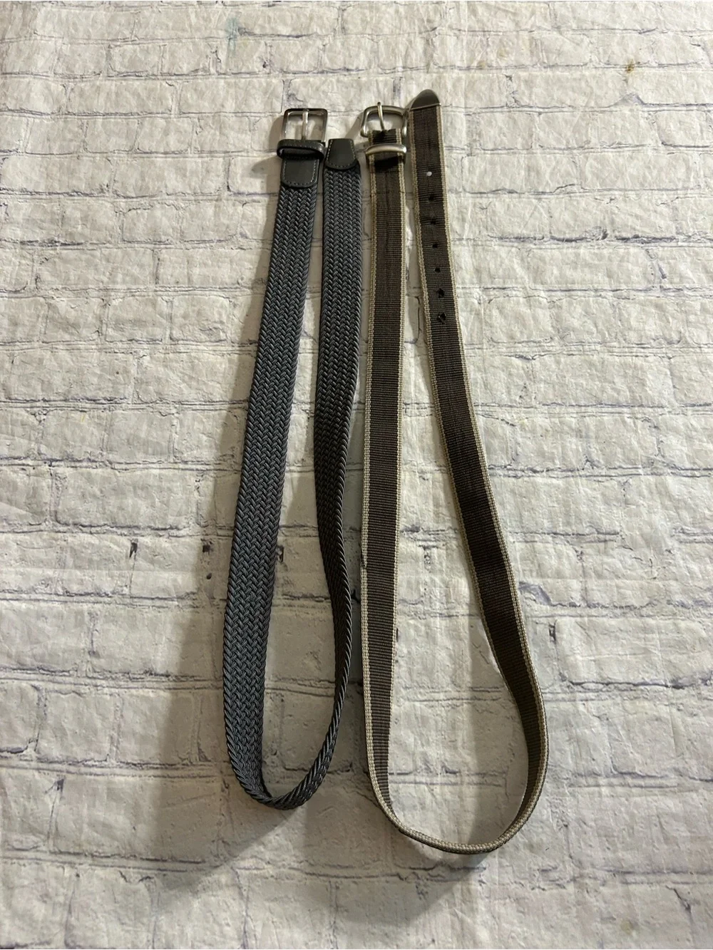 LOT OF (2) MEN NEUTRAL COLOR BELTS GREY STRETCH & TAUPE/TAN FABRIC SILVER TONE